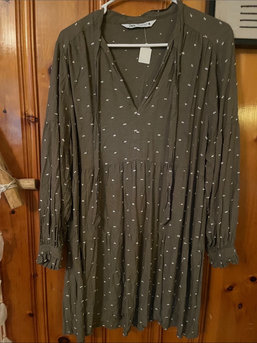 Zara Olive Green Long Sleeve Mini Dress with White Dot Print